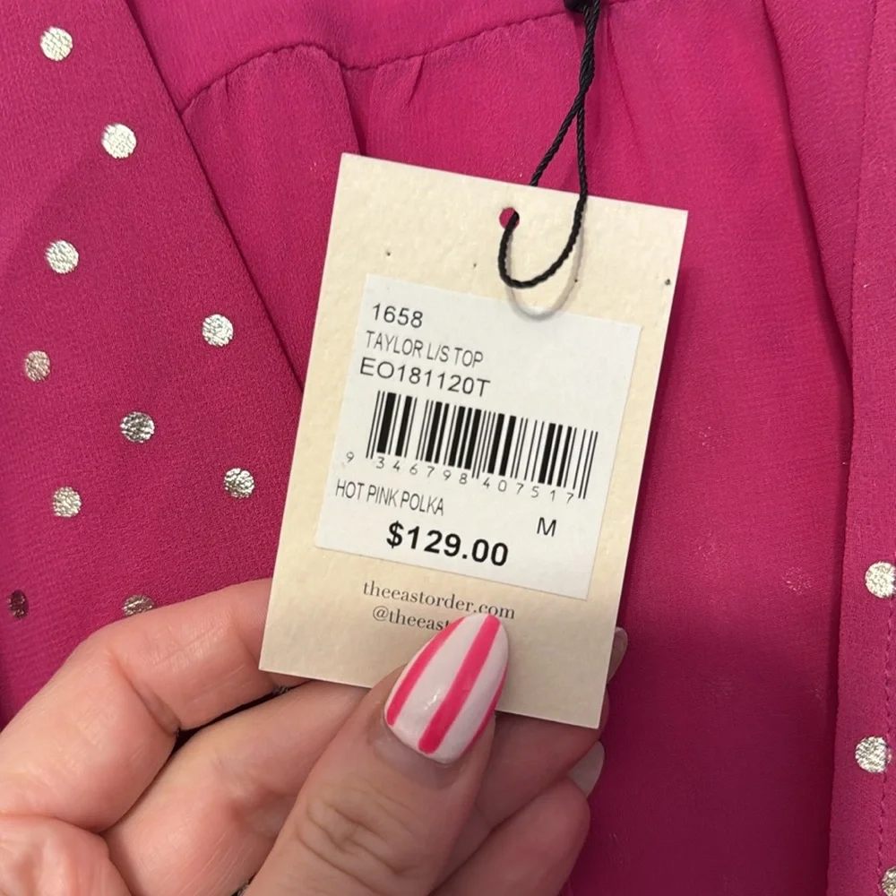 THE EAST ORDER Taylor Long Sleeve Tie Waist Bright Pink Metallic Dot Top - Picture 5 of 12
